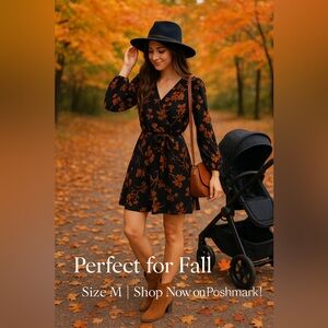 Orange and Black Bishop Sleeve Wrap Dress